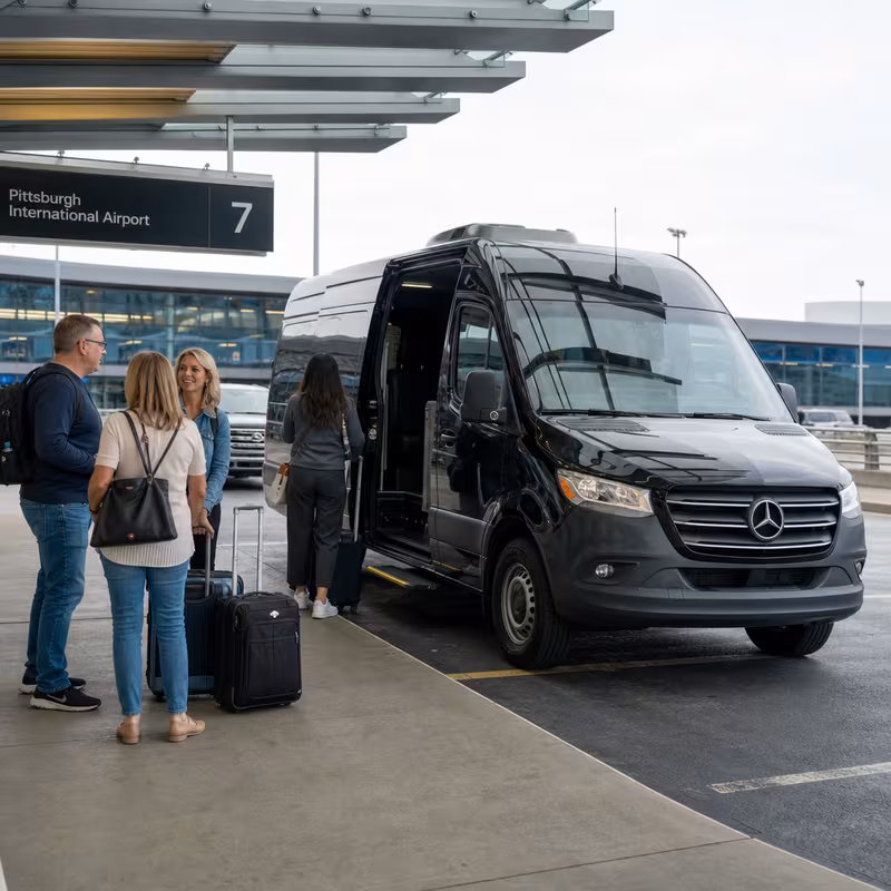 Group boarding a white charter bus for Airport Transportation transportation in Pittsburgh