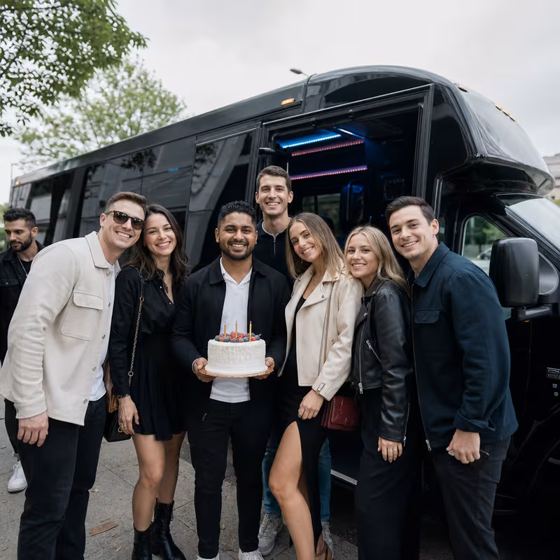 Party bus interior with wraparound leather seating and LED lighting in Pittsburgh