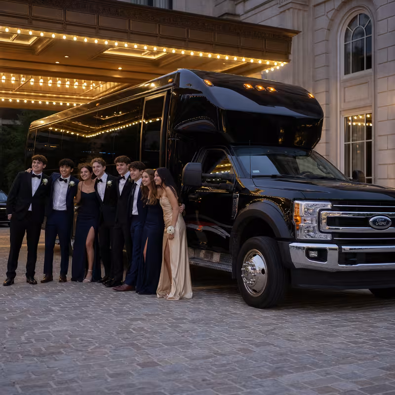 Party bus interior with wraparound leather seating and LED lighting in Pittsburgh