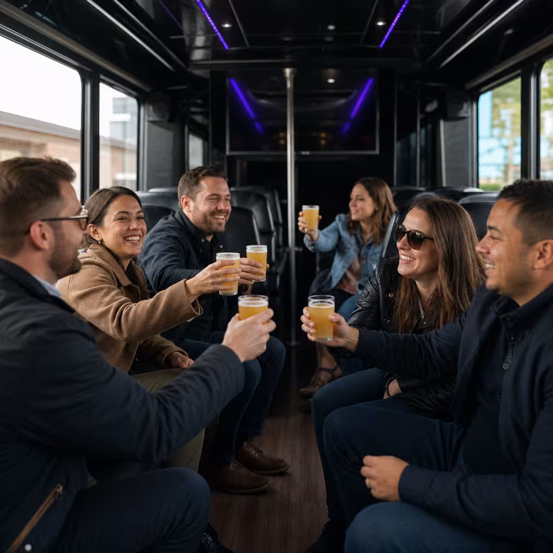 Group boarding a white charter bus for Winery & Brewery Tour Transportation transportation in Pittsburgh